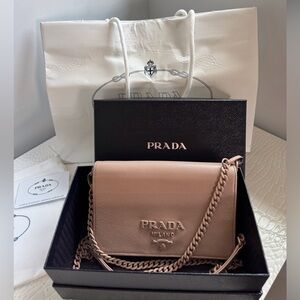 AUTHENTIC Prada Nude Saffiano Lux T Crossbody Bag with nude chain